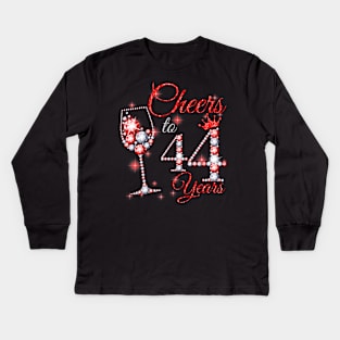 Cheers To 44 Years Old 44th Birthday Queen Diamond Kids Long Sleeve T-Shirt